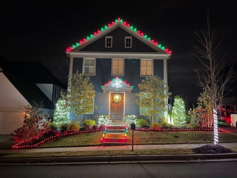 Red and green Christmas lights with white trim accents