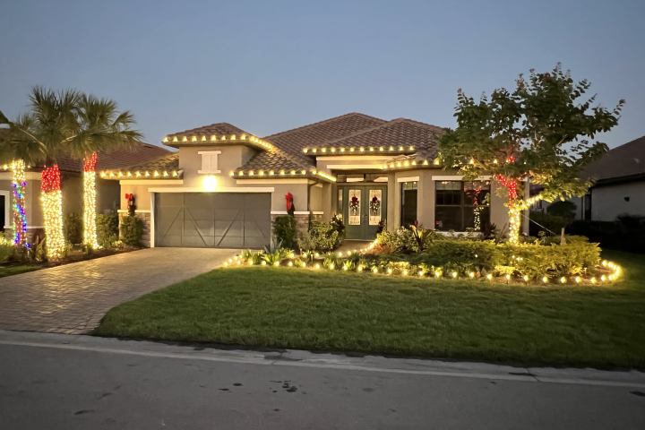 Professional Christmas light installation on South Lakeland home with palm tree lighting