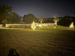 Lakeside ranch home with warm white roofline lights, wrapped palms and a lit yard tree